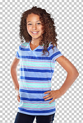 Buy stock photo Portrait, smile and fashion for children with a girl isolated on a transparent background for youth style. Kids, happy or confident with a cute young teen from brazil posing in a trendy outfit on PNG