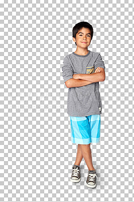 Buy stock photo Smile, portrait and a child with fashion, arms crossed and stylish isolated on a transparent png background. Happy, cute and a young boy kid or teenager with pride, confidence and clothes for summer