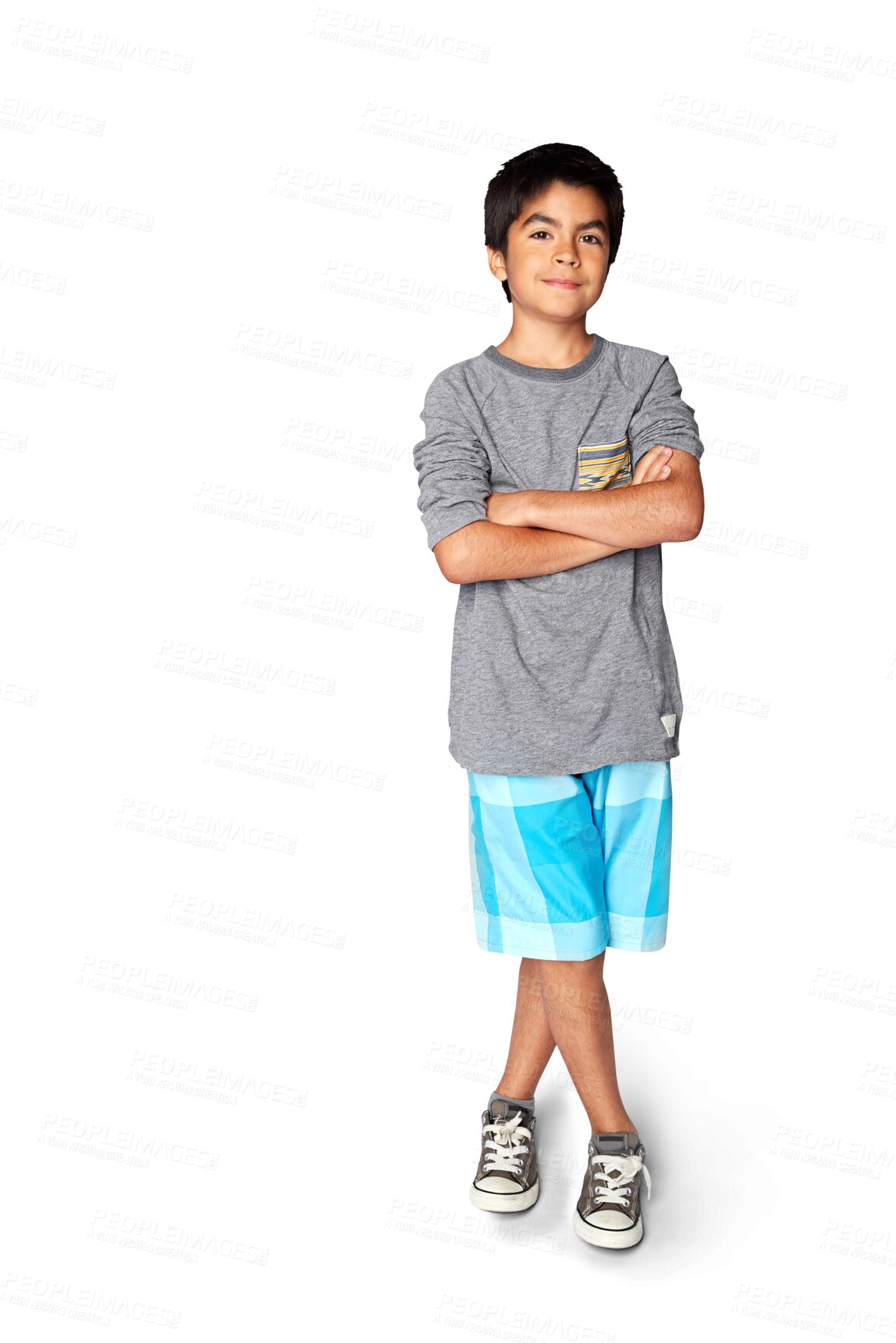 Buy stock photo Smile, portrait and a child with fashion, arms crossed and stylish isolated on a transparent png background. Happy, cute and a young boy kid or teenager with pride, confidence and clothes for summer