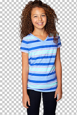 Buy stock photo Portrait, kids and a teen model for fashion with a girl isolated on a transparent background for style. Children, smile and cute with a happy young female kid posing on PNG for trendy clothes