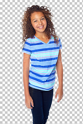 Buy stock photo Portrait, smile and fashion for teens with a child isolated on a transparent background for youth style. Children, happy and clothes with a cute young girl teen posing in a trendy outfit on PNG