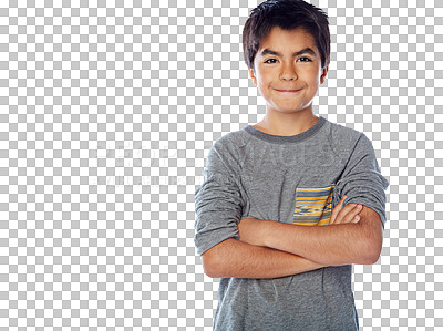 Buy stock photo Fashion portrait, smile and child with arms crossed isolated on transparent png background. Face, confidence and happy school kid or young boy in casual clothes, tshirt or stylish student from Mexico