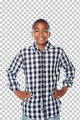 Buy stock photo Fashion portrait, happy and black child with confidence isolated on transparent png background. Face, smile and young African boy or school kid in casual clothes, tshirt or stylish student from Kenya