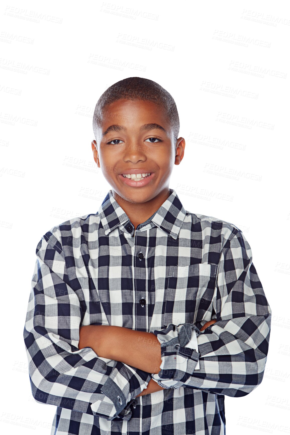 Buy stock photo Fashion portrait, happy and black child with arms crossed isolated on transparent png background. Face, confidence and school kid or young boy in casual clothes, tshirt or stylish student from Kenya