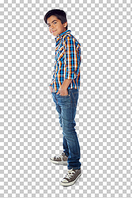 Buy stock photo Portrait of teenager or boy with full body for fashion confidence in trendy jeans, shirt and sneakers. Casual, cool and gen z model or child with youth clothes isolated on transparent, png background