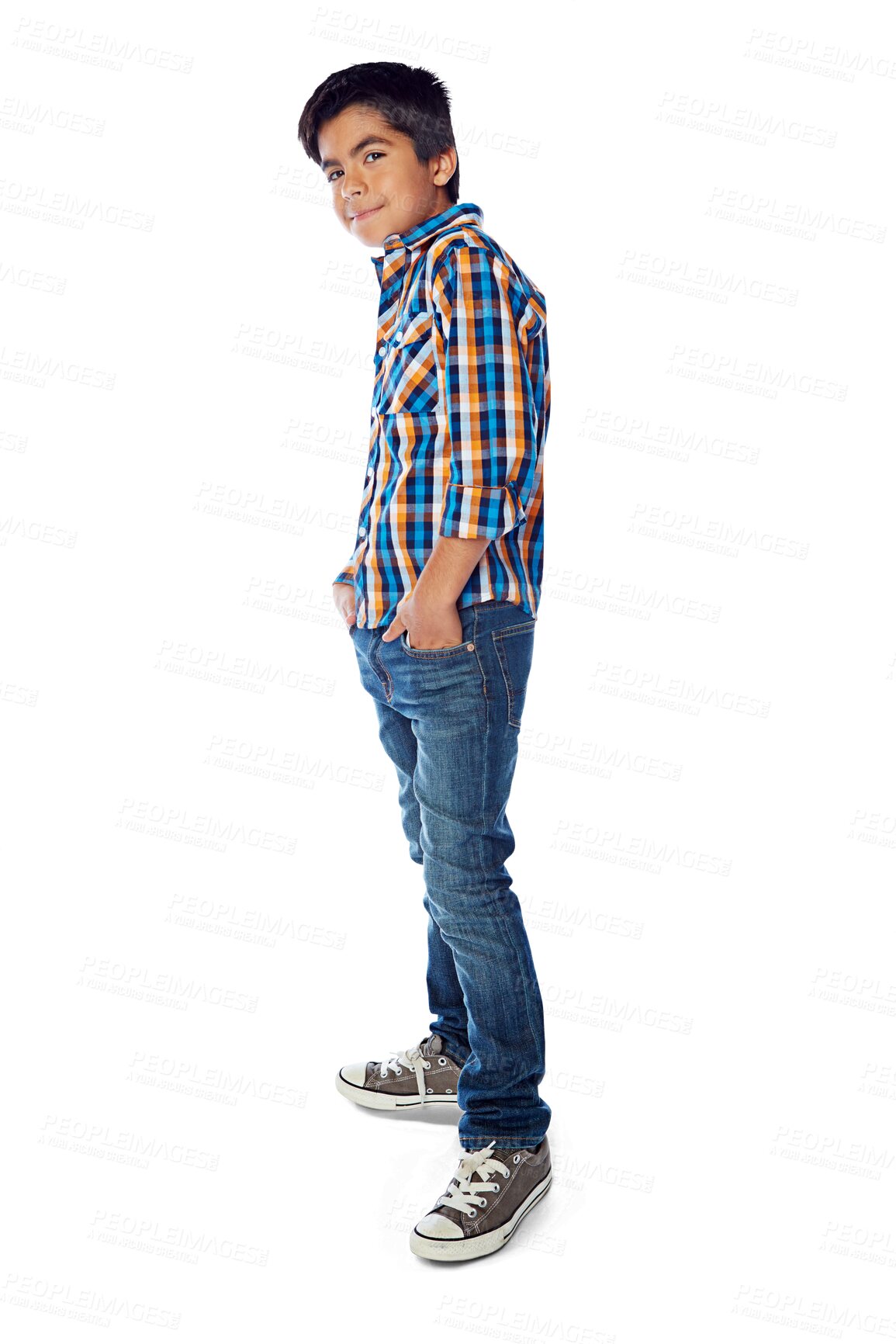 Buy stock photo Portrait of teenager or boy with full body for fashion confidence in trendy jeans, shirt and sneakers. Casual, cool and gen z model or child with youth clothes isolated on transparent, png background