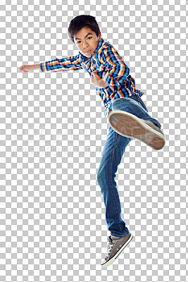 Buy stock photo Dance, kick and portrait of a child with fashion and isolated on a transparent png background. Youth, energy and a boy kid or young dancing model in jeans, sneakers and a shirt with a karate jump