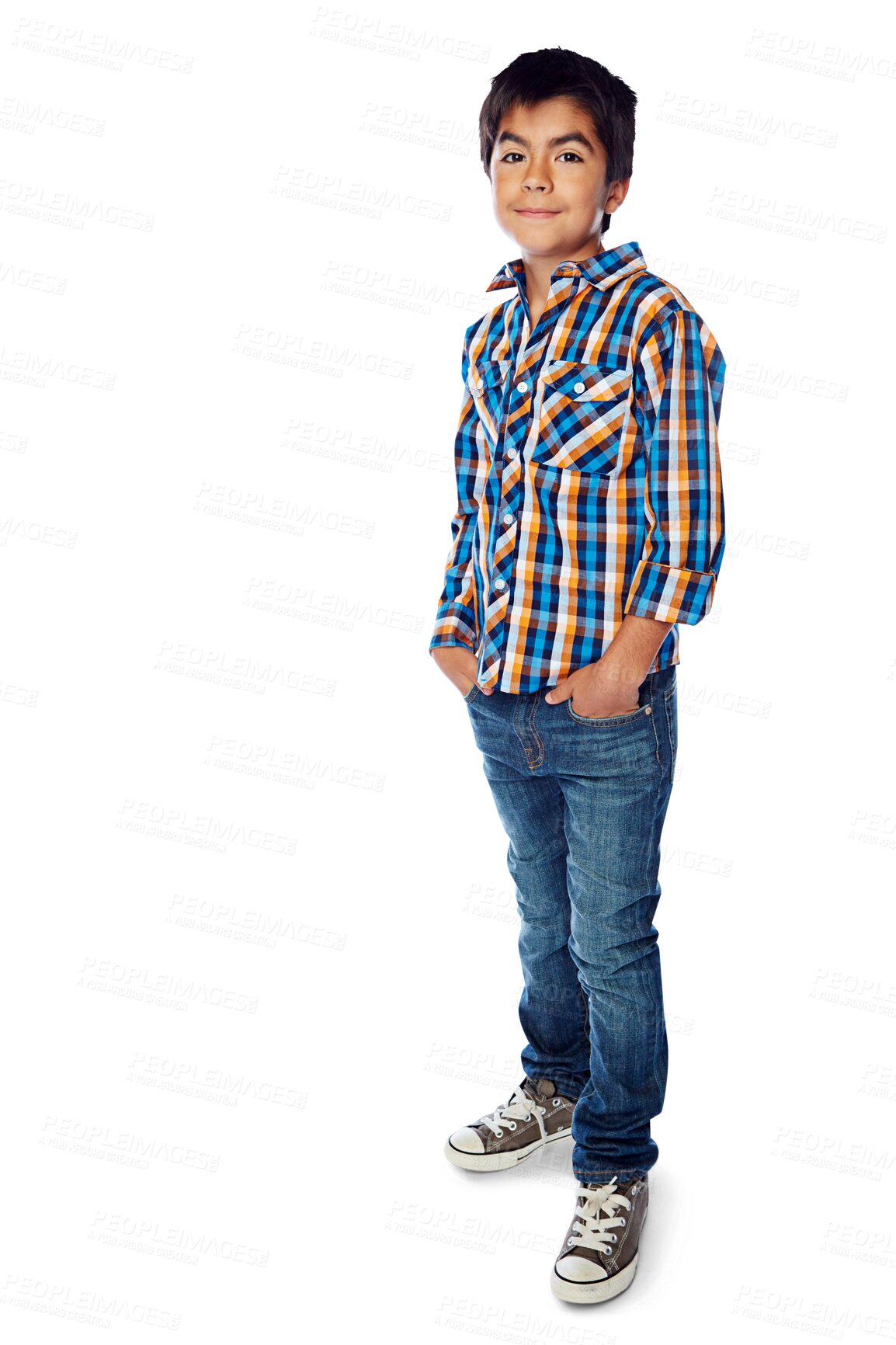 Buy stock photo Relax, fashion and portrait of child with style and isolated on a transparent png background. Stylish, trendy and a young little Mexican boy or model kid with clothes, jeans or a shirt with sneakers