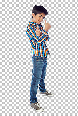 Buy stock photo Boy, child and portrait, thumbs up and fashion with cool pose and casual clothes isolated on png transparent background. Young, Mexican male kid and like emoji, hand gesture and jeans with shirt