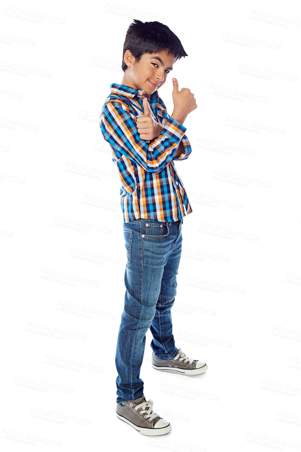 Buy stock photo Boy, child and portrait, thumbs up and fashion with cool pose and casual clothes isolated on png transparent background. Young, Mexican male kid and like emoji, hand gesture and jeans with shirt