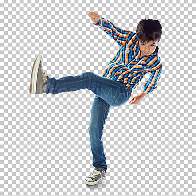 Buy stock photo Fashion, boy and child kicking leg in air or shooting for goals, soccer or casual style on isolated, transparent or png background. Kid, dance or feet in sneakers kick a sports, football or ball