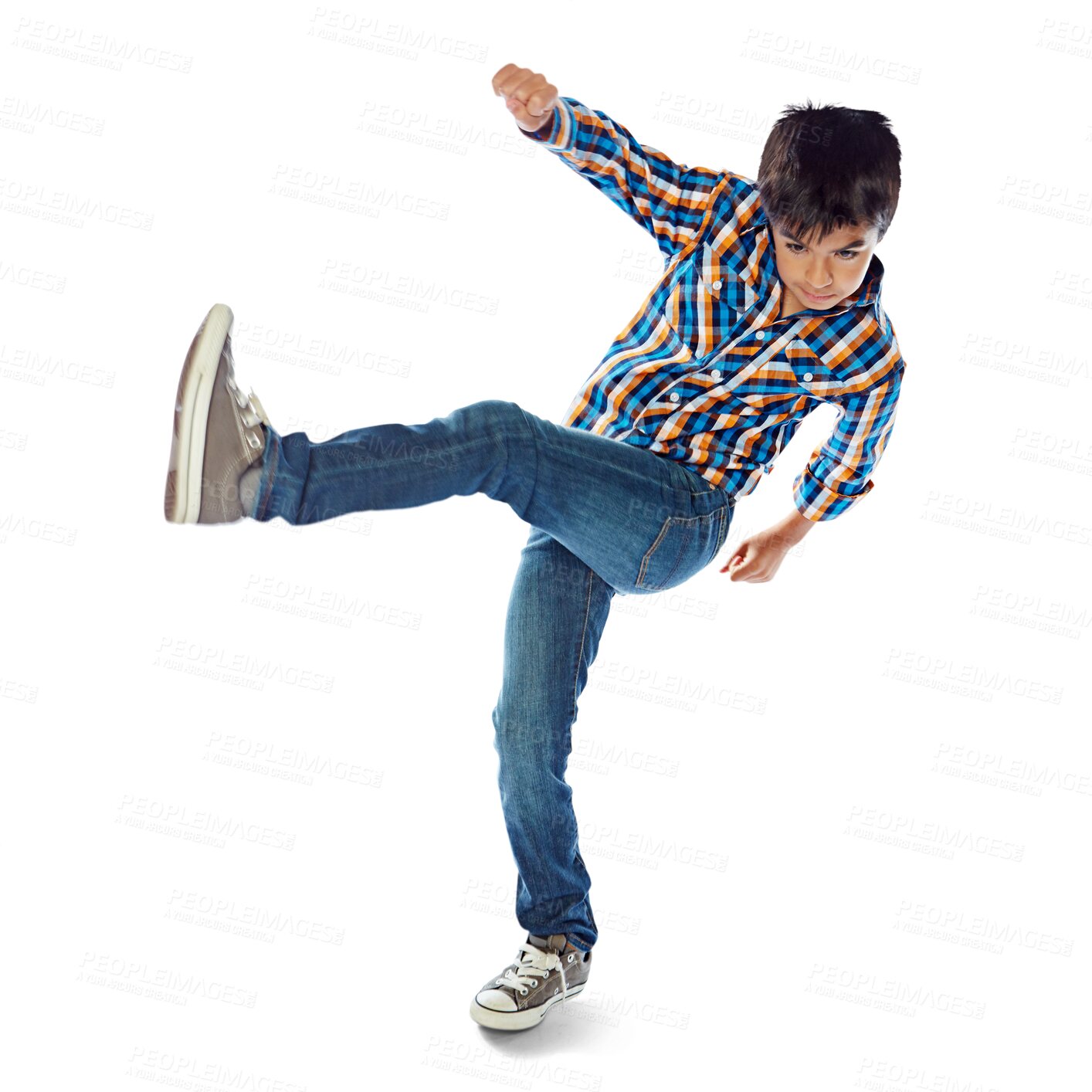 Buy stock photo Fashion, boy and child kicking leg in air or shooting for goals, soccer or casual style on isolated, transparent or png background. Kid, dance or feet in sneakers kick a sports, football or ball