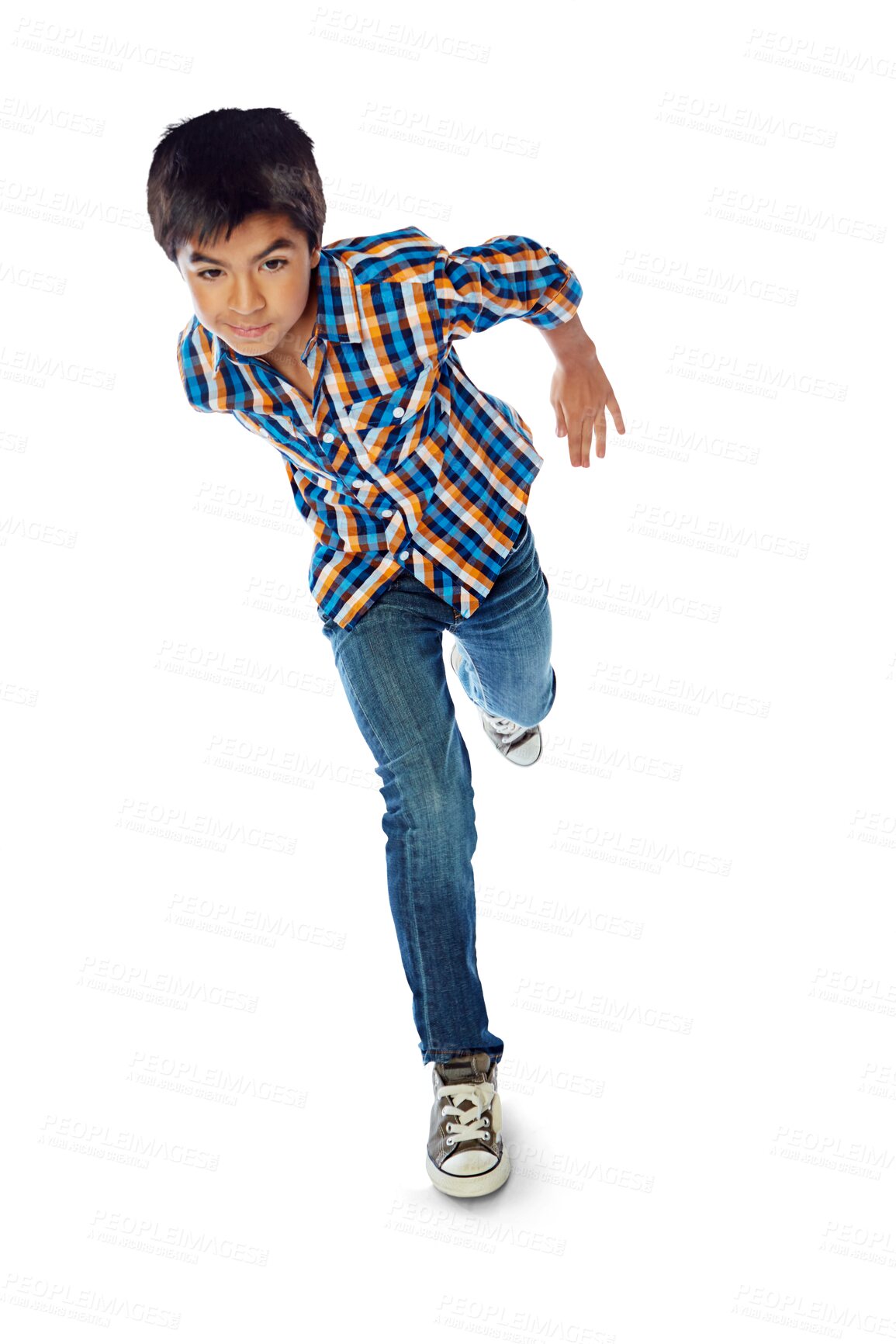 Buy stock photo Teenager or young boy running for school and education in casual clothes and jeans. Gen z student or kid with energy and hurry for back to school deal or sale isolated on transparent png background