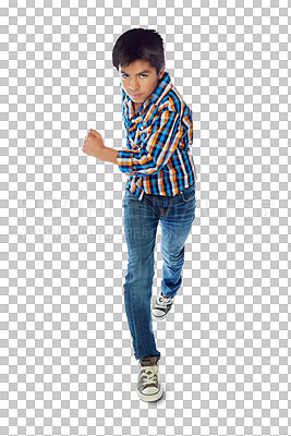 Buy stock photo Portrait, action and boy running, fun and playful child isolated against a transparent background. Kid, stylish model and person with movement, weekend break and playing with wellness, trendy and png