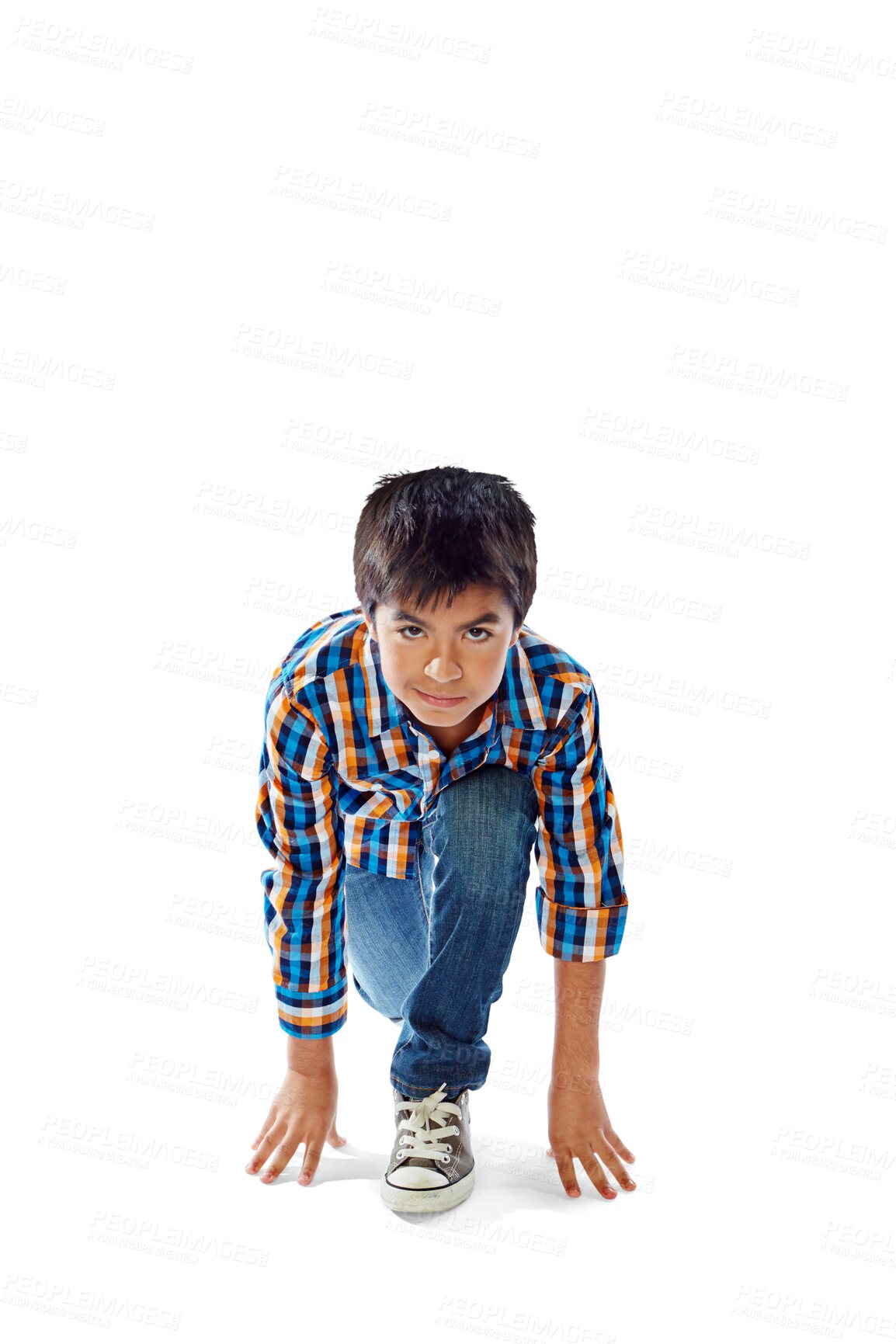 Buy stock photo Getting ready, portrait and a child for a race, sports or a game isolated on a transparent png background. Smile, training and a young boy kid with a grin for running, start or marathon for cardio