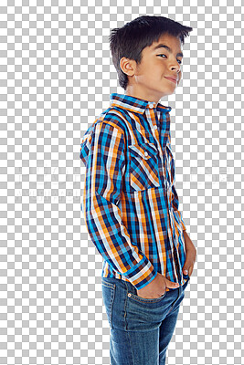 Buy stock photo Portrait of teenager or boy with fashion confidence in trendy jeans and shirt for streetwear or school. Casual, cool and gen z model or child in youth clothes isolated on transparent, png background