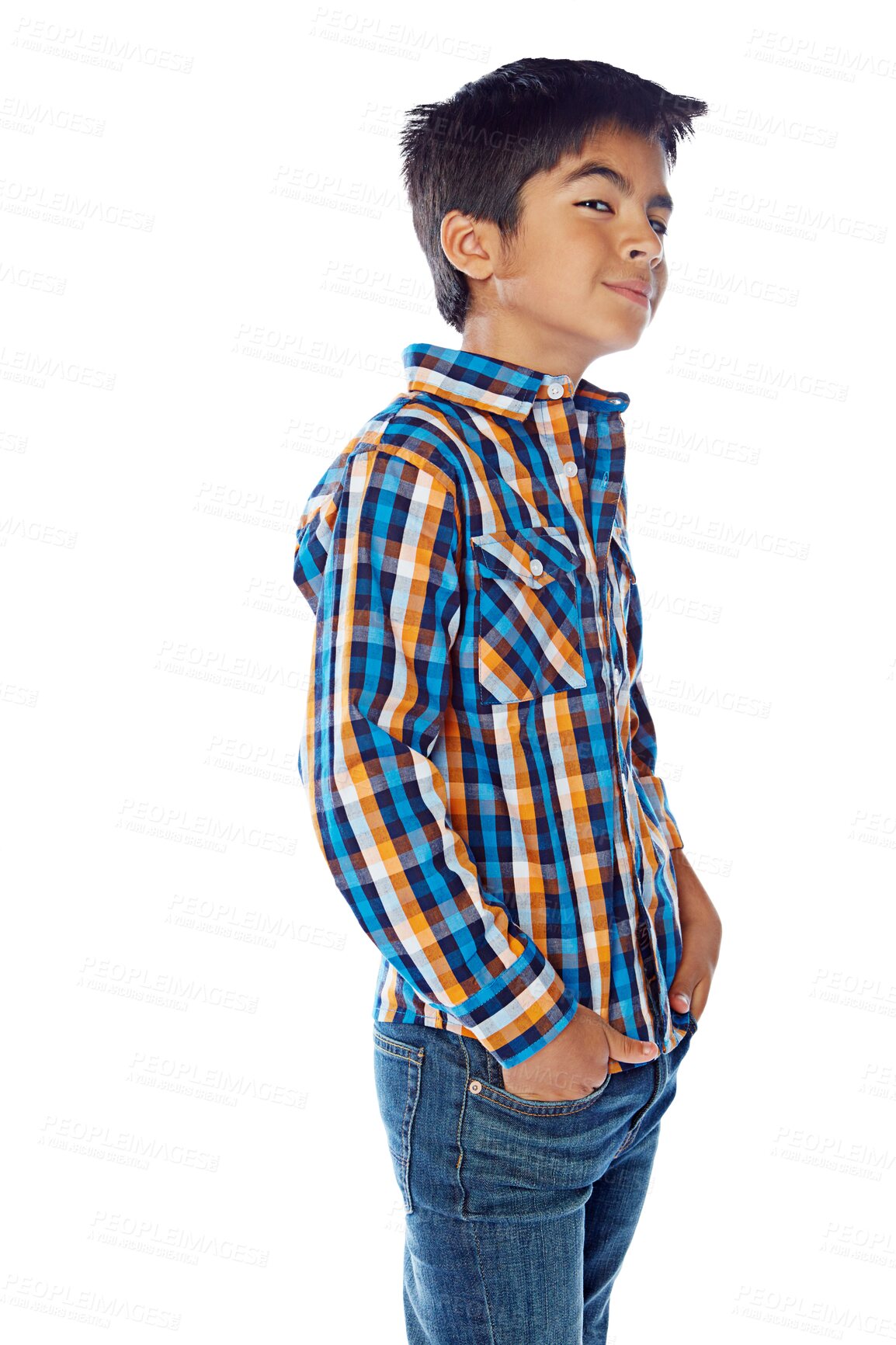 Buy stock photo Portrait of teenager or boy with fashion confidence in trendy jeans and shirt for streetwear or school. Casual, cool and gen z model or child in youth clothes isolated on transparent, png background