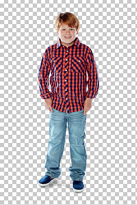 Buy stock photo Fashion, boy and ginger kid in portrait, clothes with cool youth and full body isolated on png transparent background. Young male kid, preteen and casual outfit with confidence, childhood and trendy