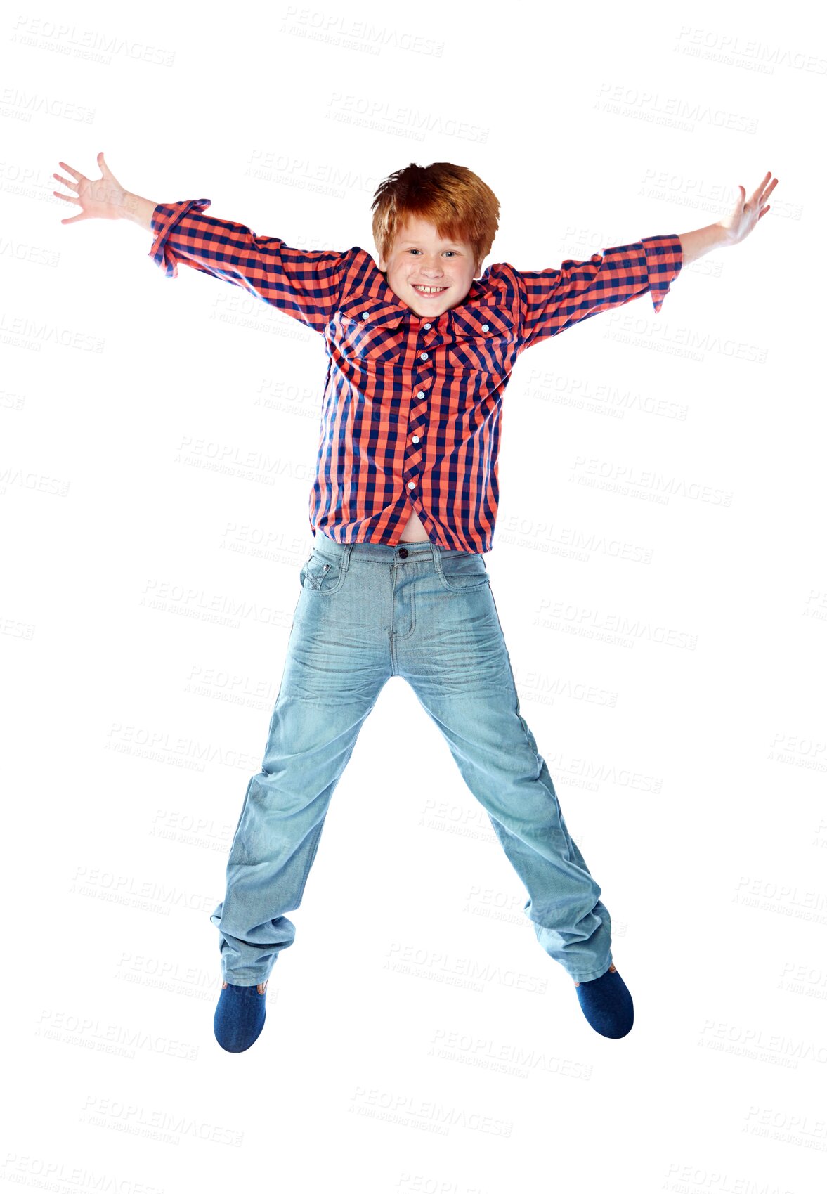 Buy stock photo Jump, happy and portrait of a child with energy, celebration and excited about fashion. Smile, youth and a little boy or young model with freedom and moving isolated on a transparent png background