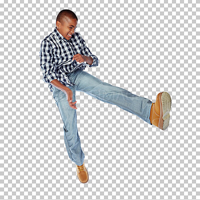 Buy stock photo Young kid, boy and jump with energy to kick while isolated on a transparent png background. Happy african child playing games for freedom, fun and leap in air for motion, movement and crazy dance 