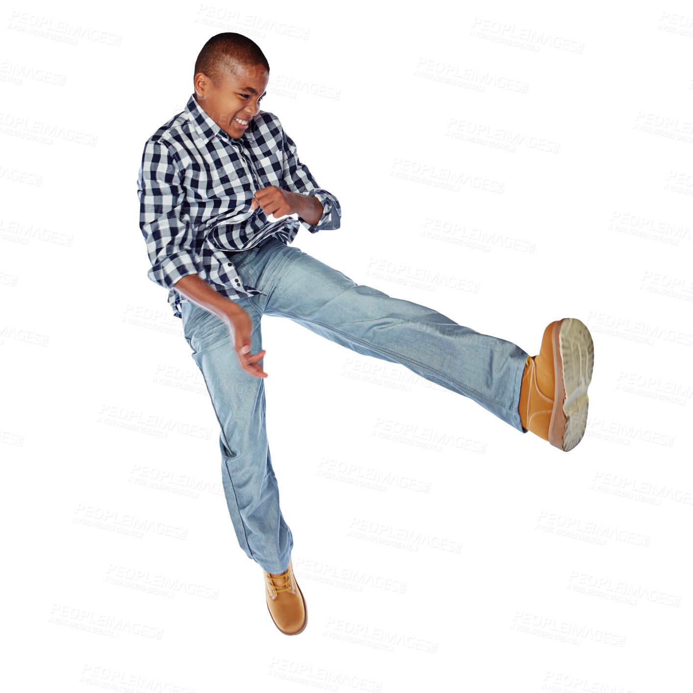 Buy stock photo Young kid, boy and jump with energy to kick while isolated on a transparent png background. Happy african child playing games for freedom, fun and leap in air for motion, movement and crazy dance 