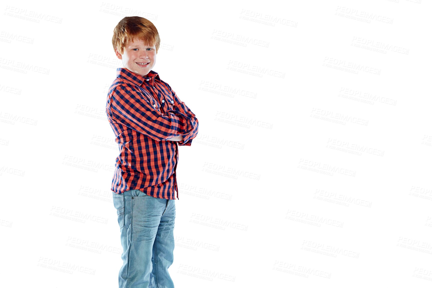 Buy stock photo Ginger, fashion portrait and child with arms crossed isolated on transparent png background. Style, confidence or happy school kid or young boy in casual clothes, jeans or trendy student from Ireland