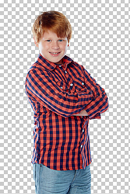 Buy stock photo Ginger, fashion portrait and kid with arms crossed isolated on transparent png background. Style, confidence or happy young boy or school child in casual clothes, trendy jeans or student from Ireland