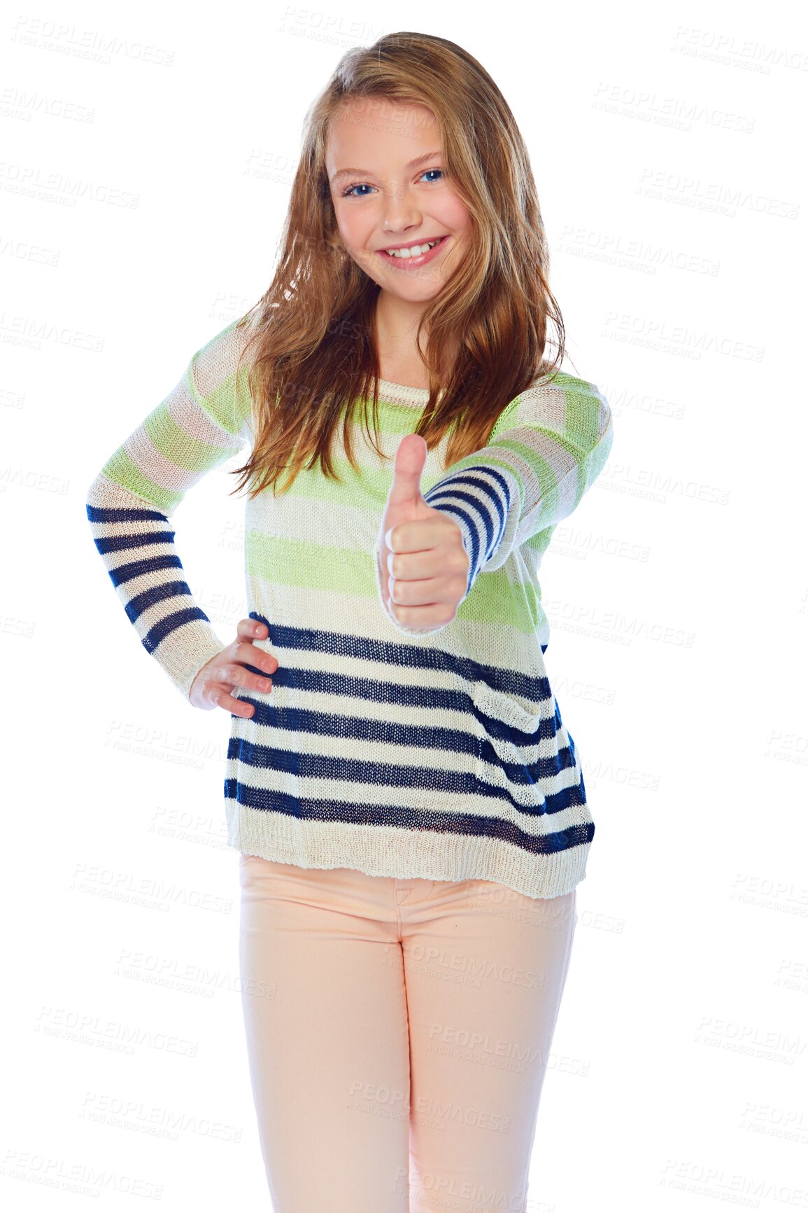 Buy stock photo Portrait, smile and girl with thumbs up, emoji and happy person isolated on a transparent background. Review, female child and mode with gesture for agreement, feedback or support with png and sign