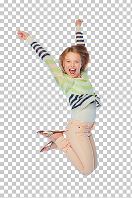 Buy stock photo Portrait, children and jump with a girl screaming while isolated on a transparent background for excitement. Kids, fashion and shouting with a happy young female child leaping on PNG for freedom