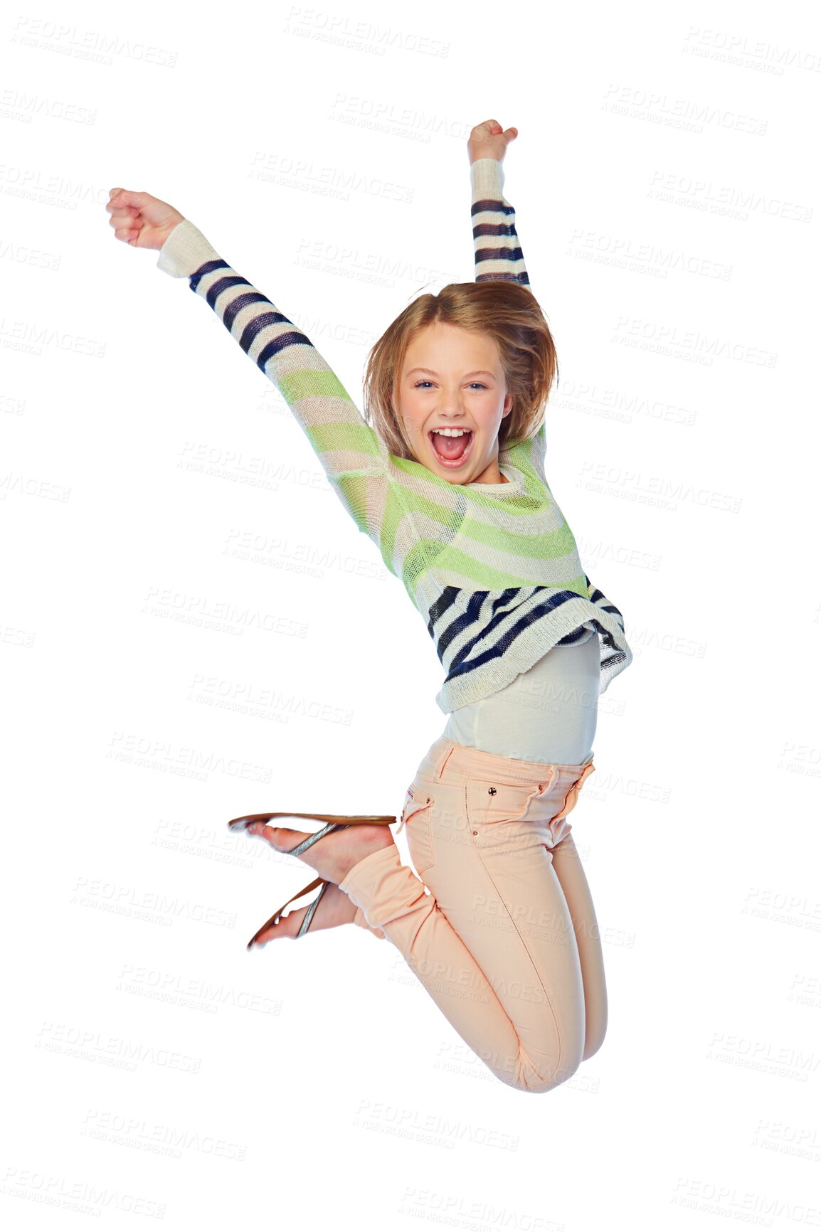 Buy stock photo Portrait, children and jump with a girl screaming while isolated on a transparent background for excitement. Kids, fashion and shouting with a happy young female child leaping on PNG for freedom