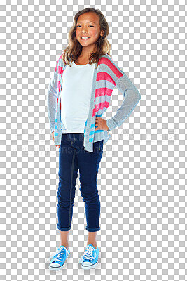 Buy stock photo Portrait, children and a girl model for fashion with a kid isolated on a transparent background for style. Kids, happy and smile with a cute young female child posing on PNG for trendy clothes