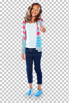 Buy stock photo Fashion, girl and kid in portrait, thumbs up with clothes and cool youth isolated on png transparent background. Young, female kid, preteen and casual outfit with like emoji, agreement and support