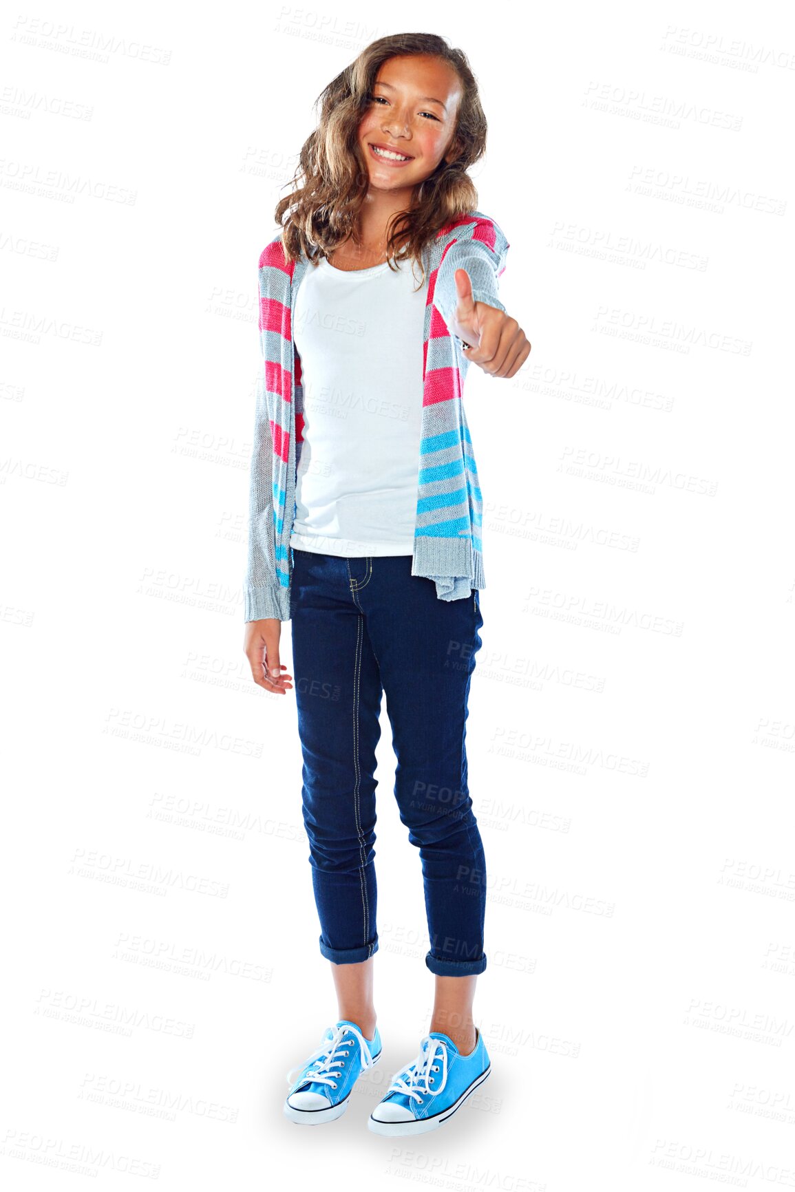 Buy stock photo Fashion, girl and kid in portrait, thumbs up with clothes and cool youth isolated on png transparent background. Young, female kid, preteen and casual outfit with like emoji, agreement and support