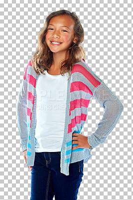 Buy stock photo Portrait, children and a girl model for fashion with a teen isolated on a transparent background for style. Kids, happy and trendy with a cute young female kid posing on PNG in a clothes outfit