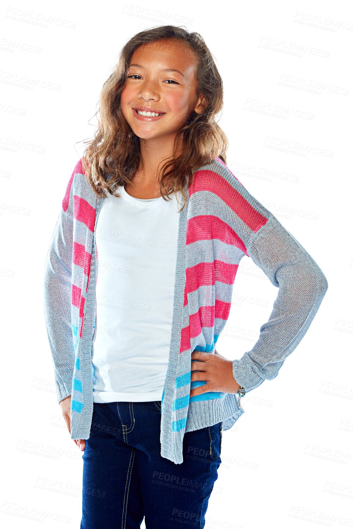 Buy stock photo Portrait, children and a girl model for fashion with a teen isolated on a transparent background for style. Kids, happy and trendy with a cute young female kid posing on PNG in a clothes outfit