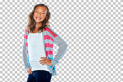 Buy stock photo Portrait, girl and a teen model for fashion with a child isolated on a transparent background for style. Children, smile and cute with a happy young teenage kid posing on PNG for trendy clothes