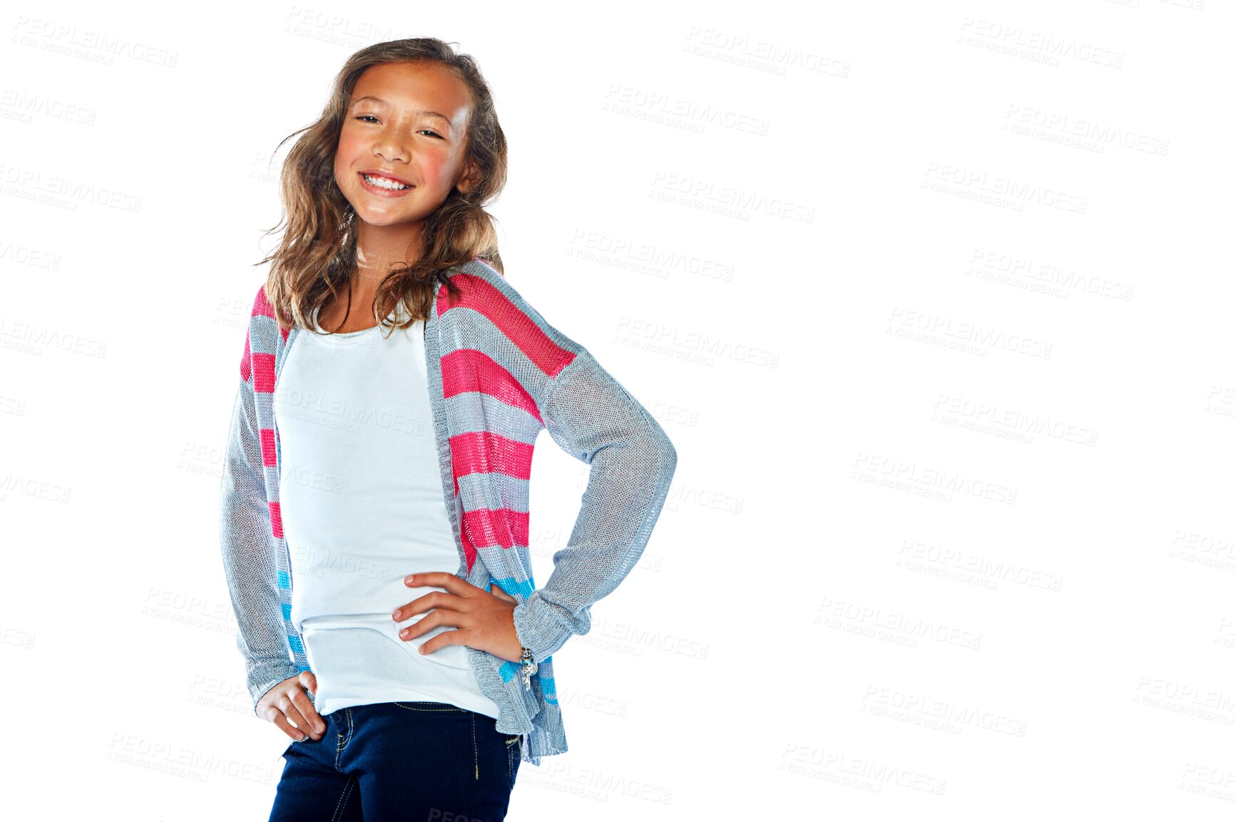 Buy stock photo Portrait, girl and a teen model for fashion with a child isolated on a transparent background for style. Children, smile and cute with a happy young teenage kid posing on PNG for trendy clothes