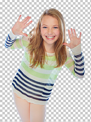 Buy stock photo Excited, girl and portrait of a teen model for fashion with a child isolated on a transparent background. Children, trendy style and cute outfit of a happy young teenage kid on PNG with hand palm 