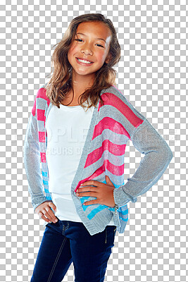 Buy stock photo Portrait, smile and kids with a girl model for fashion isolated on a transparent background for style. Children, happy and cute with a confident young female kid posing on PNG for trendy clothes