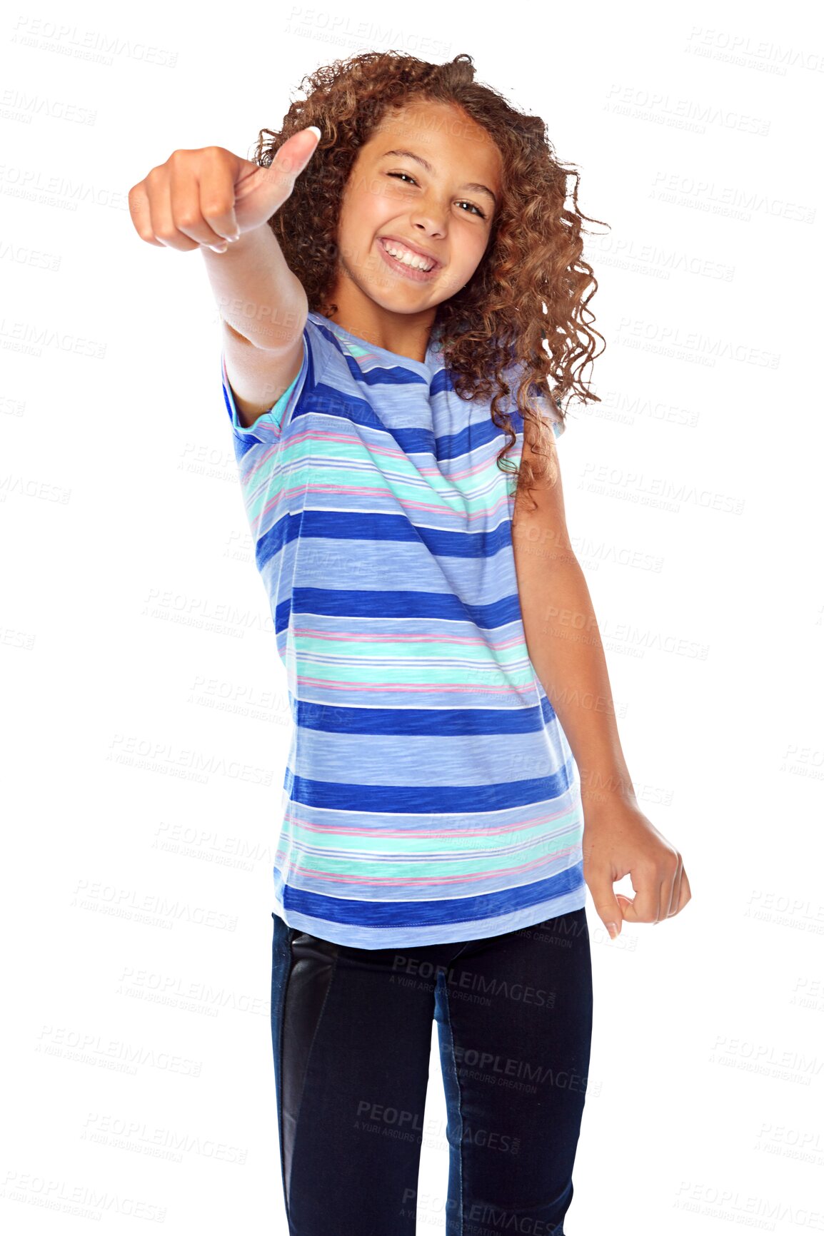 Buy stock photo Portrait, smile and girl with thumbs up, feedback and happy child isolated on a transparent background. Face, female model and kid with gesture for agreement, support or review with png and excited