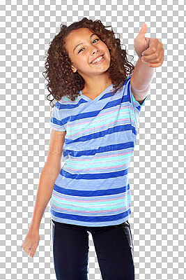 Buy stock photo Portrait, like and girl with thumbs up, feedback and happy model isolated on a transparent background. Smile, female child and kid with gesture for agreement, support or review with png and emoji