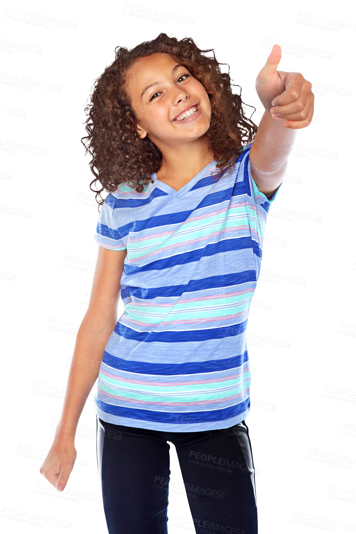 Buy stock photo Portrait, like and girl with thumbs up, feedback and happy model isolated on a transparent background. Smile, female child and kid with gesture for agreement, support or review with png and emoji