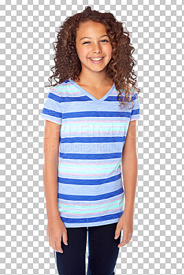 Buy stock photo Portrait, smile and fashion for kids with a girl isolated on a transparent background for youth style. Children, happy and clothes with a cute young female teen posing in a trendy outfit on PNG