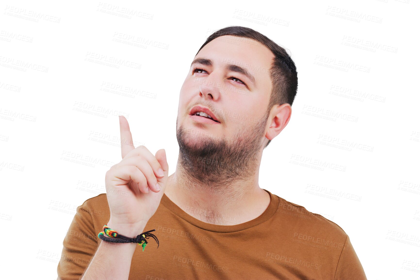 Buy stock photo Man, thinking and or remember ideas or confused by question, why or planning on isolated, transparent or png background. Doubt, face and guy with hand for solution, problem solving or brainstorming