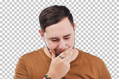 Buy stock photo Idea, thinking and man with solution, confused and model isolated on a transparent background. Png, male person and guy with questions, doubt and brainstorming with planning, emoji or problem solving