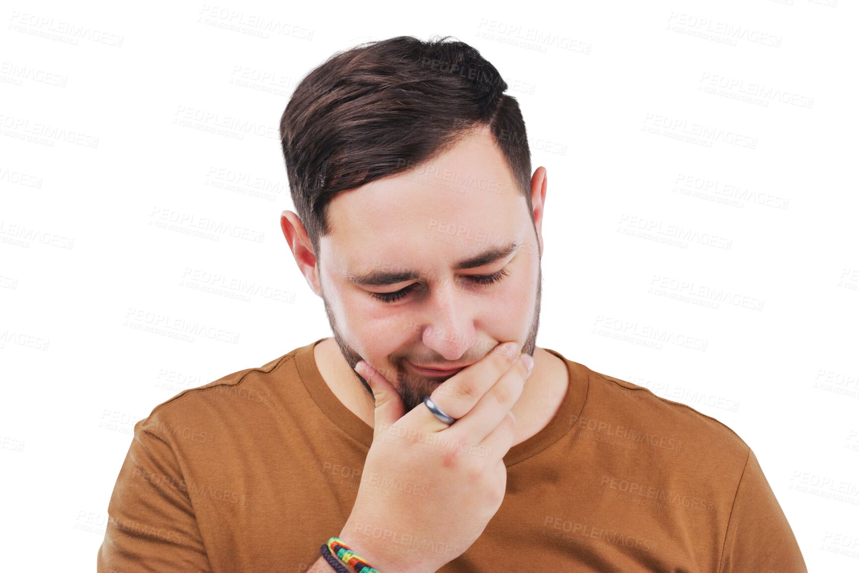 Buy stock photo Idea, thinking and man with solution, confused and model isolated on a transparent background. Png, male person and guy with questions, doubt and brainstorming with planning, emoji or problem solving