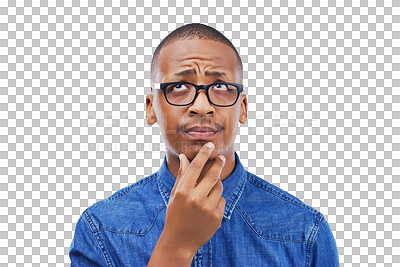 Buy stock photo Black man, thinking and confused by question, why or remember idea for planning on isolated, transparent or png background. Doubt, guy and hand on face for solution, problem solving or brainstorming