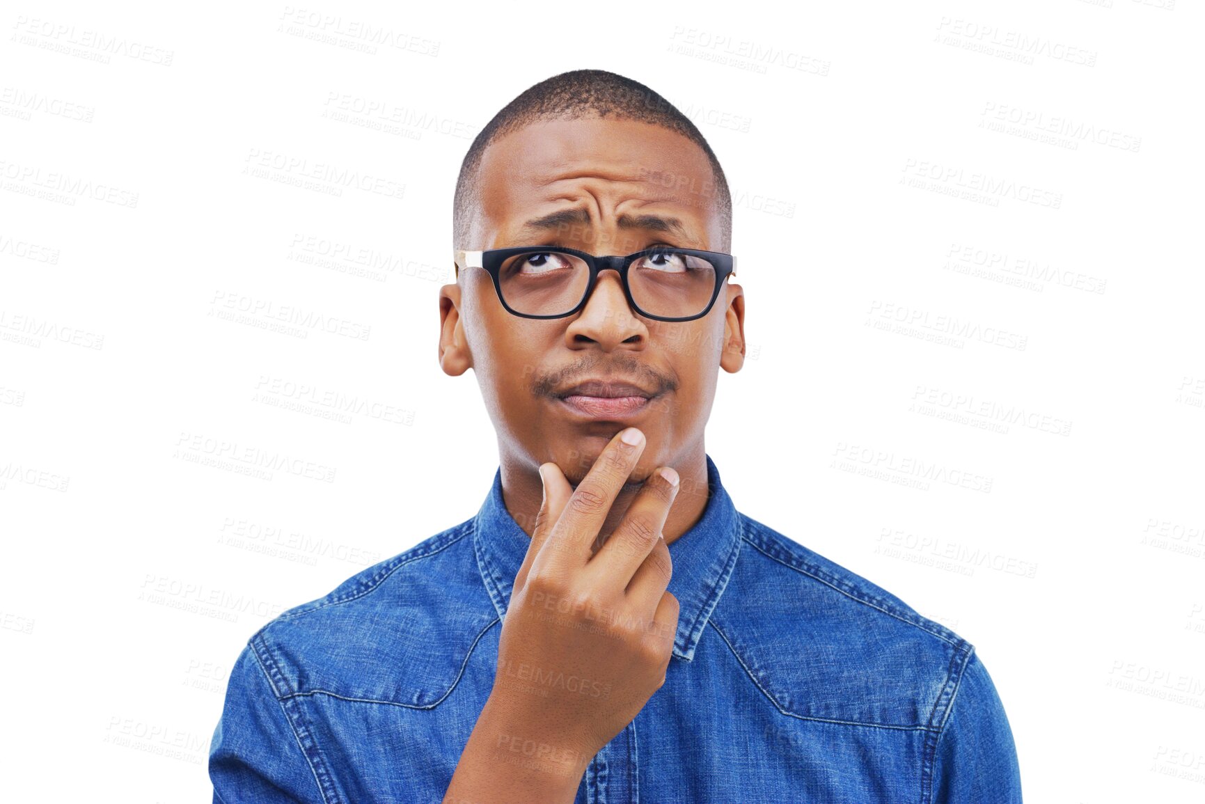 Buy stock photo Black man, thinking and confused by question, why or remember idea for planning on isolated, transparent or png background. Doubt, guy and hand on face for solution, problem solving or brainstorming