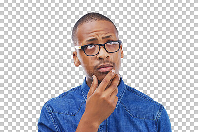 Buy stock photo Black man, thinking and or remember ideas or confused by question, why or planning on isolated, transparent or png background. Doubt, guy or hand on face with problem solving, brainstorming or memory