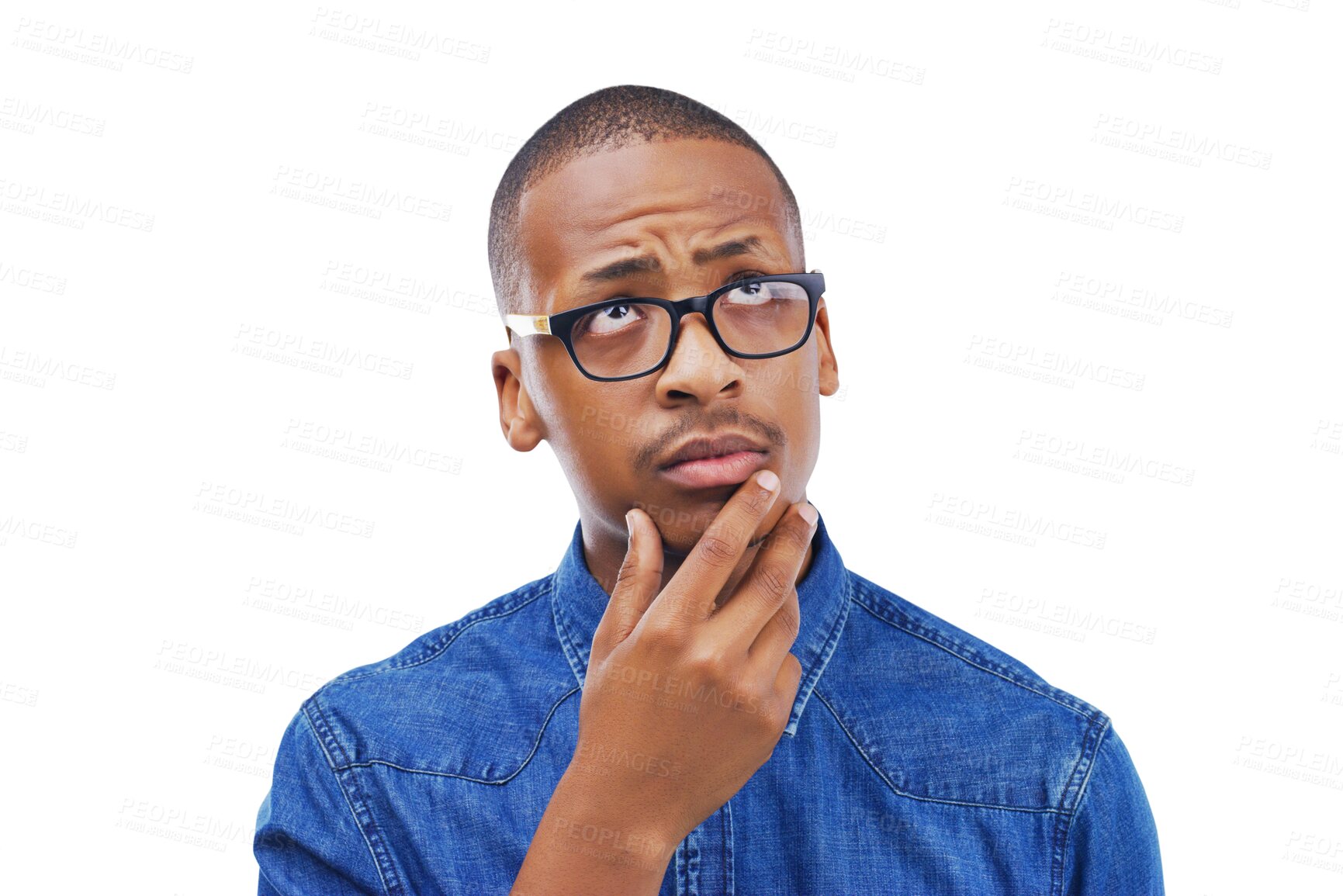 Buy stock photo Black man, thinking and or remember ideas or confused by question, why or planning on isolated, transparent or png background. Doubt, guy or hand on face with problem solving, brainstorming or memory